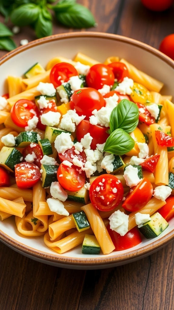 A bowl of Mediterranean pasta with zucchini, bell peppers, cherry tomatoes, and feta cheese, garnished with basil.